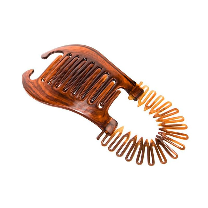 Die SOHO Banana Interlocking Hair Claw – tortoise ist ein flexibles Haarwerkzeug aus Kunststoff mit ineinandergreifenden Zinken und einem gebogenen Design, ideal für Retro-Frisuren und zum Fixieren von Pferdeschwänzen oder Hochsteckfrisuren.
