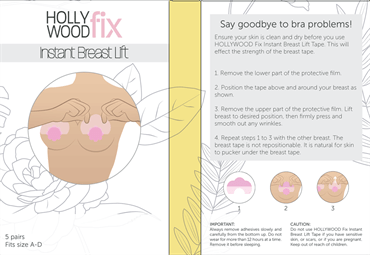 Illustrierte Schritt-für-Schritt-Anleitung zum Anbringen von Fashiongirl Breast Tape Hollywood Fix Instant Lift (10 Stück) mit Händen, die das Tape verwenden, Produktdetails und Branding auf einem floralen Hintergrund.