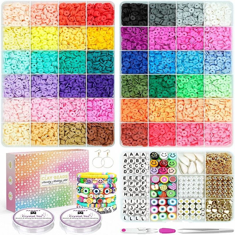Das Fashiongirl Clay Beads / Heishi Beads Arona Kit – KREA DIY Jewellery Kit enthält 12.000 verschiedene Perlen, Buchstaben- und Smiley-Perlen, Ohrringhaken, elastische Schnüre und Werkzeuge, alles ordentlich sortiert mit Musterkit und Verpackung.