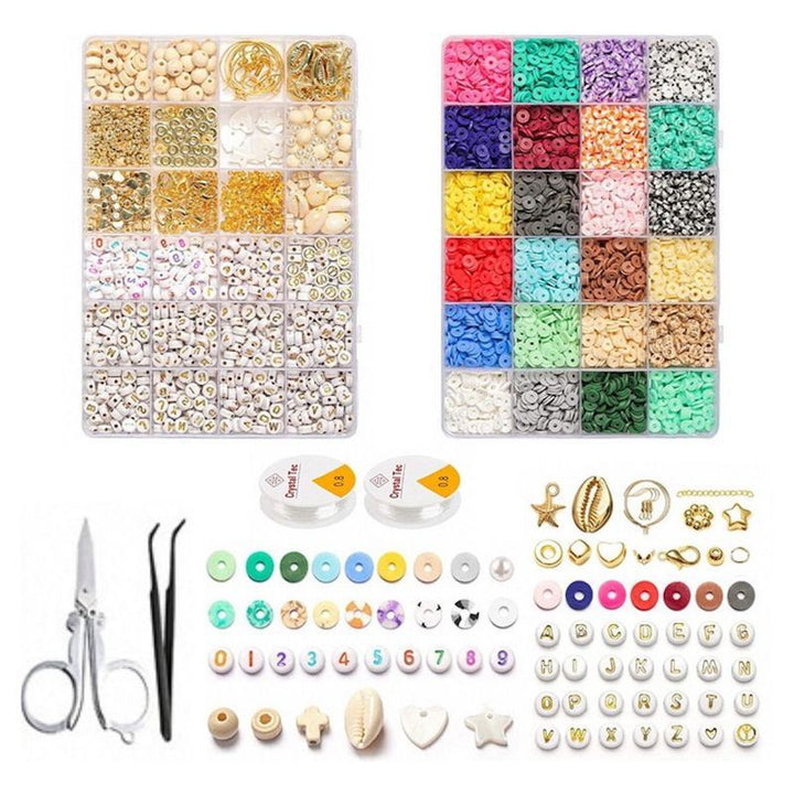 Das Fashiongirl Clay Beads / Heishi Beads Bohemian Kit enthält 6000 verschiedene Perlen, Schnurspulen, Scheren, Pinzetten, Buchstabenperlen, Anhänger und vieles mehr – alles, was Sie zum Basteln einzigartiger Bohemian-Schmuckstücke benötigen.