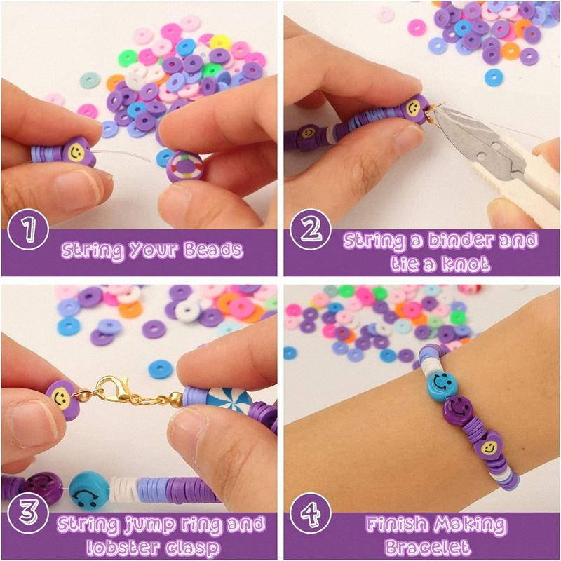 Eine vierstufige Fotoanleitung zeigt, wie man mit dem Fashiongirl Clay Beads / Heishi Beads Fimo Kit – KREA DIY Jewellery Kit mit 4500 Teilen ein farbenfrohes Armband herstellt, einschließlich Auffädeln der Perlen, Binden von Knoten, Anbringen eines Verschlusses und eines Biegerings sowie Styling am Handgelenk.