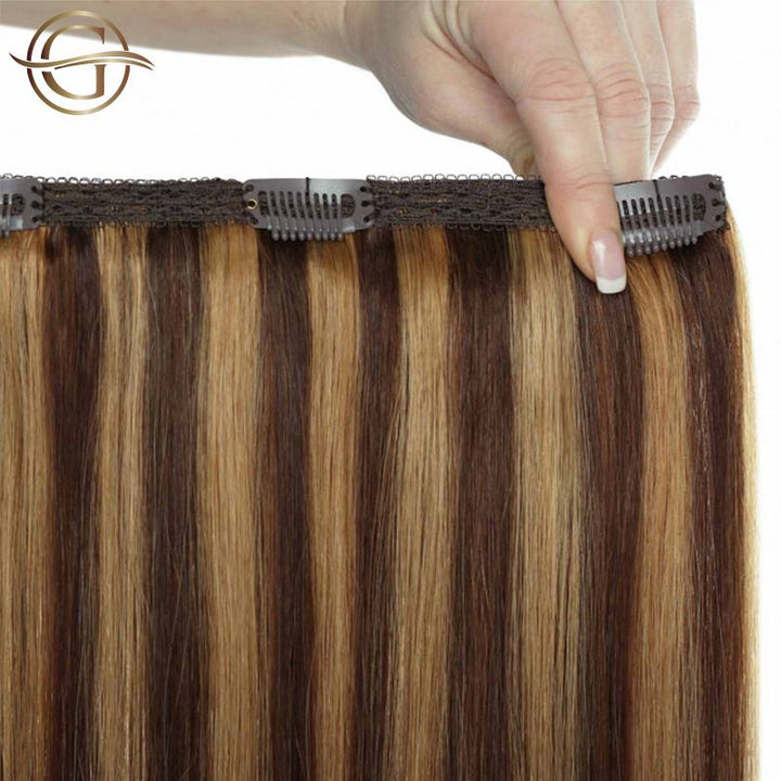 Haarverlängerungen zum Anklipsen #4/27 Braun/Blond-Mix – 7 Sets – 60 cm | Gold24 – | Fashiongirl