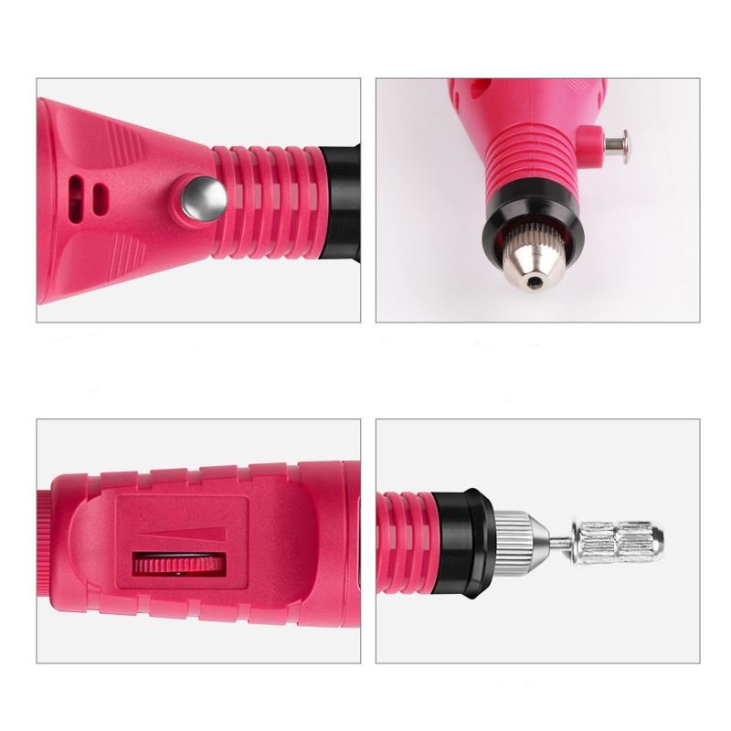Eine Collage zeigt vier Nahaufnahmen des Fashiongirl Electric Nail File 6-in-1 Manicure Set in Pink, die den Griff, den Netzschalter, das vordere Bohrfutter und einen montierten Bohreraufsatz zeigen.