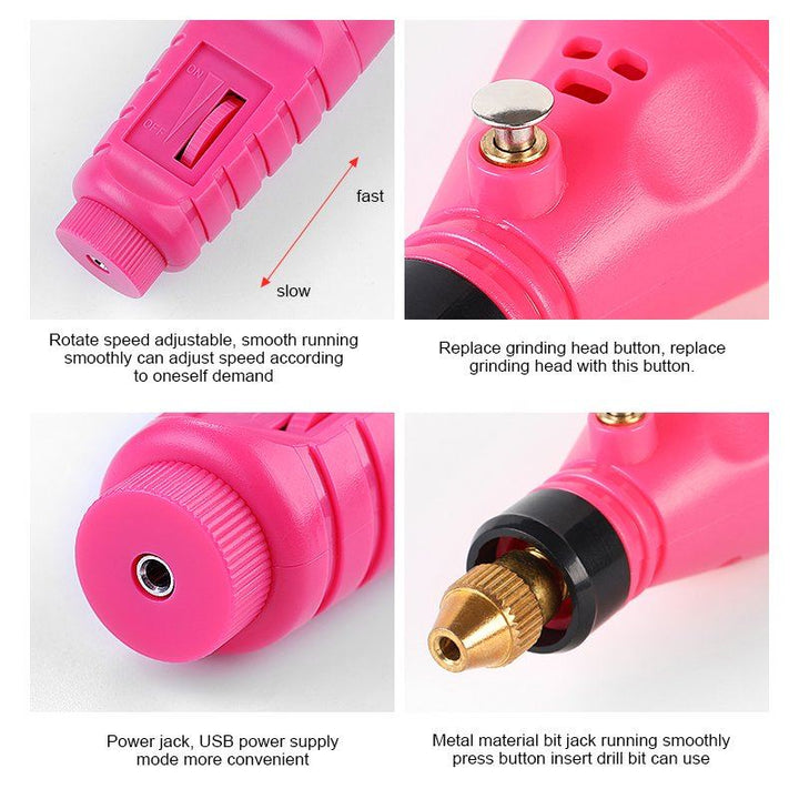 Das Fashiongirl Electric Nail File 6-in-1 Manicure Set – Pink wird in vier Nahaufnahmen gezeigt, die den Geschwindigkeitsregler, den Knopf zum Auswechseln des Schleifkopfes, den USB-Anschluss und den Metallbohrerhalter für eine sanfte Nagelpflege zeigen.