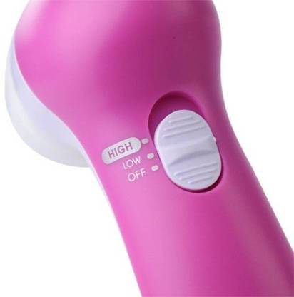 Nahaufnahme der Fashiongirl Facial Brush 5-in-1 | Facial Brush Cleanser, einem rosa Handgerät mit weißem Schiebeschalter (HIGH, LOW, OFF), das sich perfekt für die Hautpflege als Gesichtsbürste oder Massagegerät eignet.
