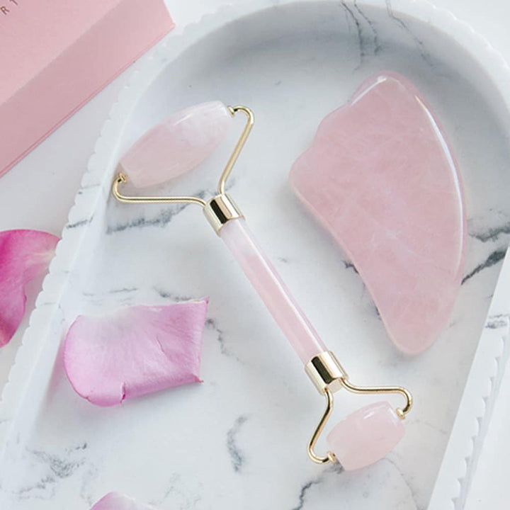 Facial roller Rose Quartz + Guasha Stone - | Fashiongirl
