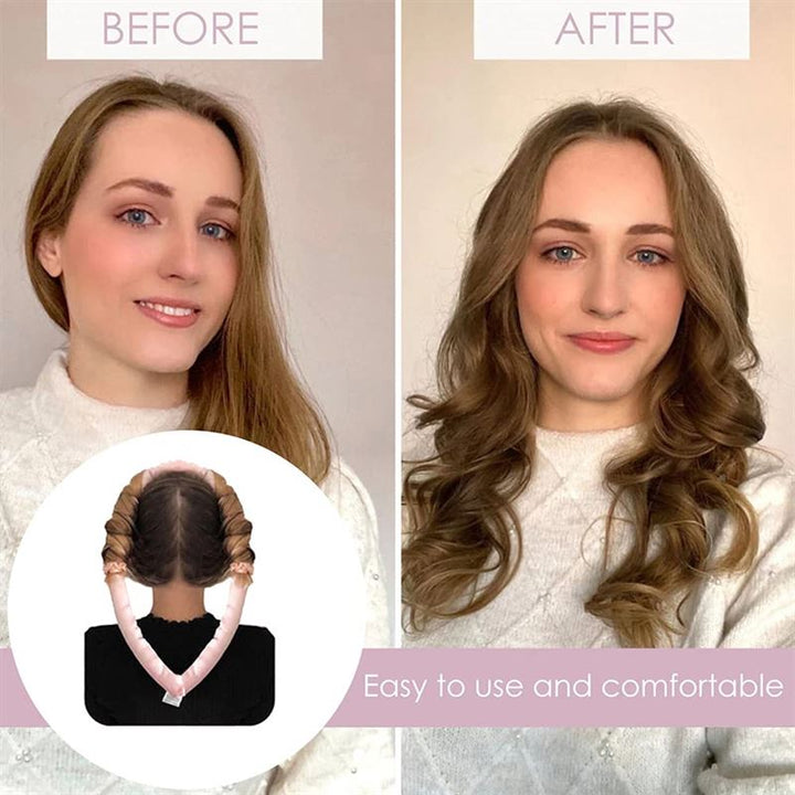 Side-by-side photos show a woman before and after using Fashiongirl’s Heatless Hair Curlers in Pink: her hair changes from straight to loose waves. An inset shows the silk curler in action on the back of her head, achieving curls without heat.