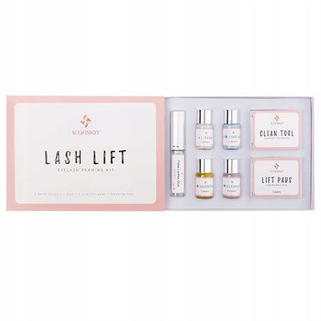 Das Lash Lift Kit von IconSign von Fashiongirl enthält Lift-Pads, Reinigungswerkzeuge, kleine Flaschen und eine Tube in einer rosa-weißen Box – alles, was Sie für eine Wimpernwelle zu Hause oder in Salonqualität benötigen.