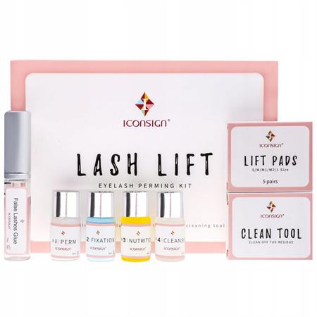 Das Fashiongirl Lash Lift Kit von IconSign ist eine Wimpernwelle für zu Hause in Salonqualität, einschließlich Welle, Fixierung, Pflege, Reinigungsflaschen, Klebetube, Lift-Pads und Reinigungswerkzeugboxen sowie einer Anleitung für einfaches Wimpernlifting.