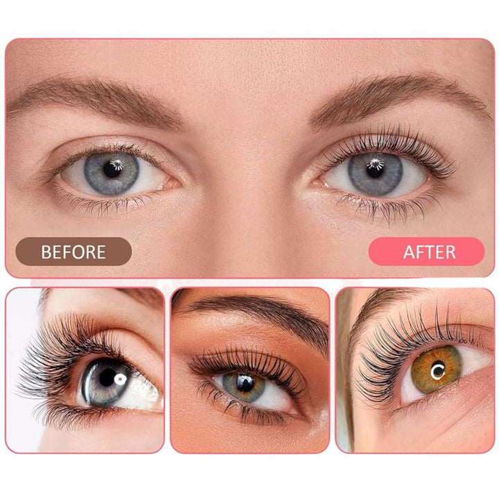 Nahaufnahme zum Vergleich: Oben sind natürliche Wimpern (links) und salonähnlich gekräuselte Wimpern (rechts) nach der Anwendung des Lash Lift Kits von IconSign von Fashiongirl zu sehen. Unten sind drei Augen mit langen, gekräuselten Wimpern zu sehen, die zu Hause erzielt wurden.