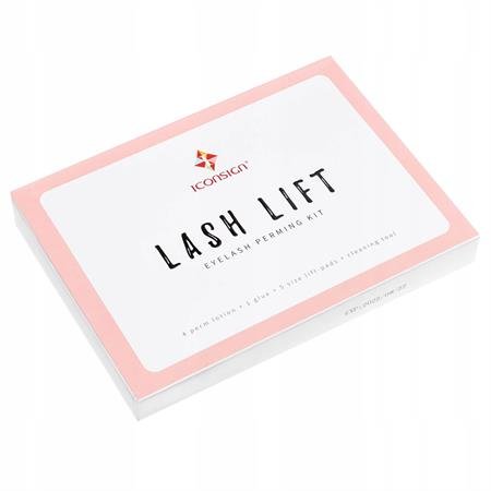 Auf weißem Hintergrund ist eine rechteckige rosa-weiße Schachtel mit der Aufschrift „Lash Lift Kit by IconSign | At-Home Salon-Quality Eyelash Perm Treatment” von Fashiongirl zu sehen.
