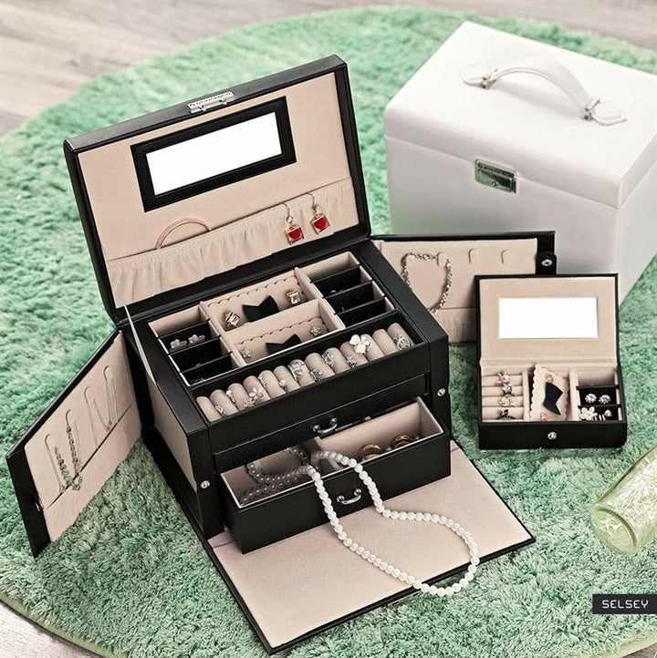 Luna XL Leather jewellery box with 20 compartments - Black - Jewelry Box