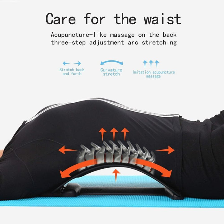 A person lies on a blue mat using the Fashiongirl Pro Back Stretcher, a black lumbar support with raised ridges. Orange arrows show posture correction and pain relief benefits, highlighting its acupuncture-like massage and three-step stretch design.