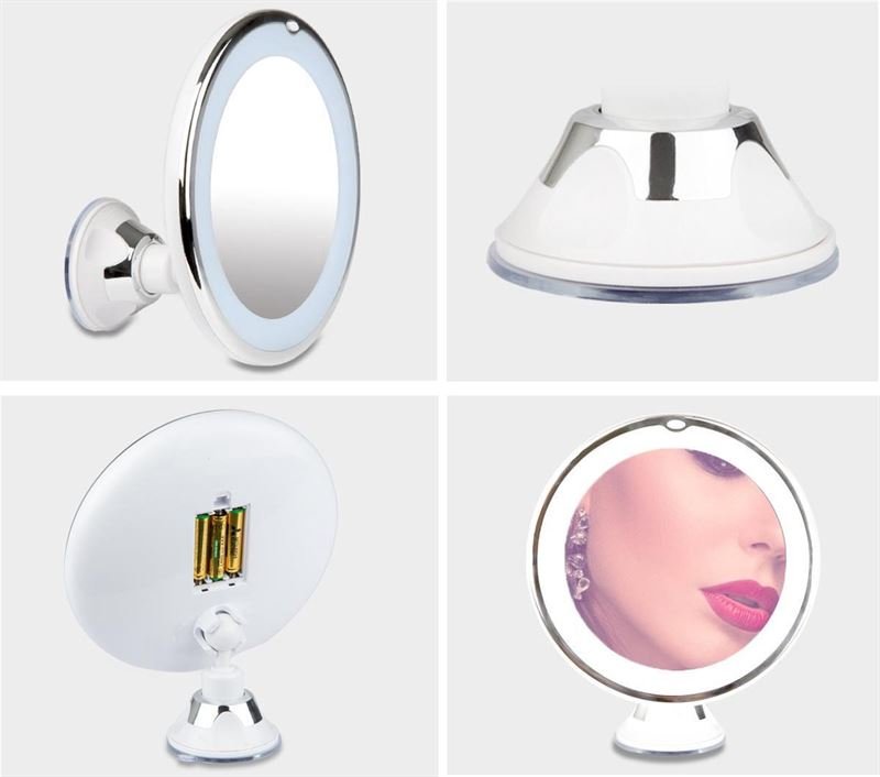 A four-panel image showcases the UNIQ PRO BEAUTY Bathroom Mirror with LED Light and suction cup, x10 magnification, in white. One panel reflects a womans face with makeup; others show side, back, and base views.