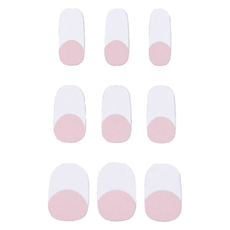 Zehn UNIQ Semi Cured Gel Nail Stickers (JK-331) mit klassischem French-Design – weiße Basis mit rosa Halbkreis – sind in zwei Spalten auf einem schlichten weißen Hintergrund angeordnet. Selbstklebend und einfach anzubringen.