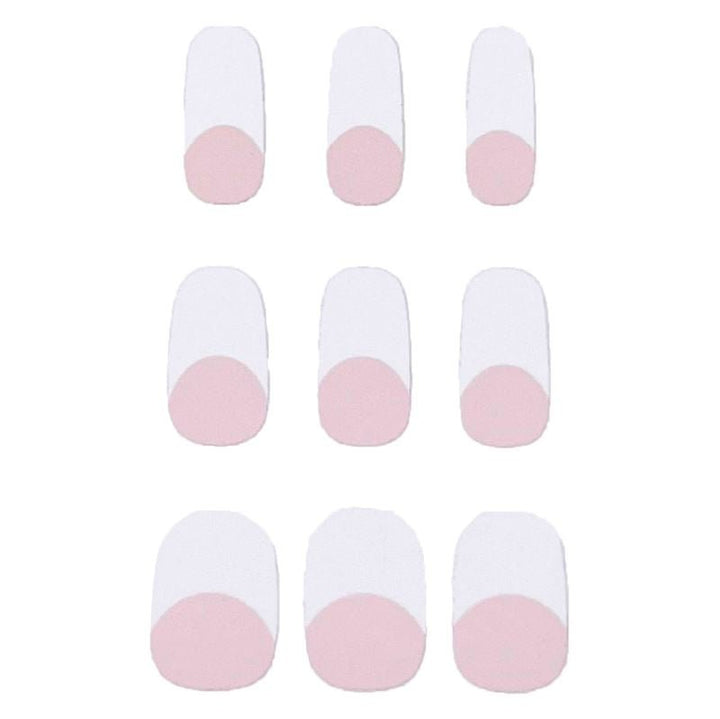 Zehn UNIQ Semi Cured Gel Nail Stickers (JK-331) mit klassischem French-Design – weiße Basis mit rosa Halbkreis – sind in zwei Spalten auf einem schlichten weißen Hintergrund angeordnet. Selbstklebend und einfach anzubringen.