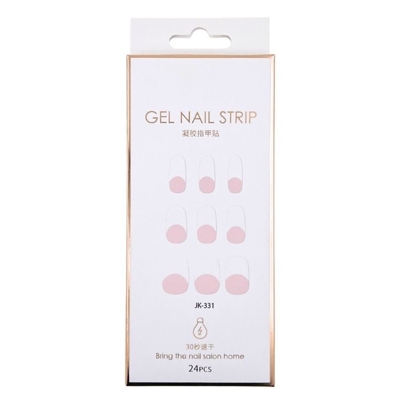 Eine weiß-goldene UNIQ-Box mit der Aufschrift „Semi Cured Gel Nail Stickers / Self-adhesive nail polish – Classic French (JK-331)” enthält 24 Stück mit rosa Designs. Der Text auf der Verpackung ist sowohl auf Englisch als auch auf Chinesisch.
