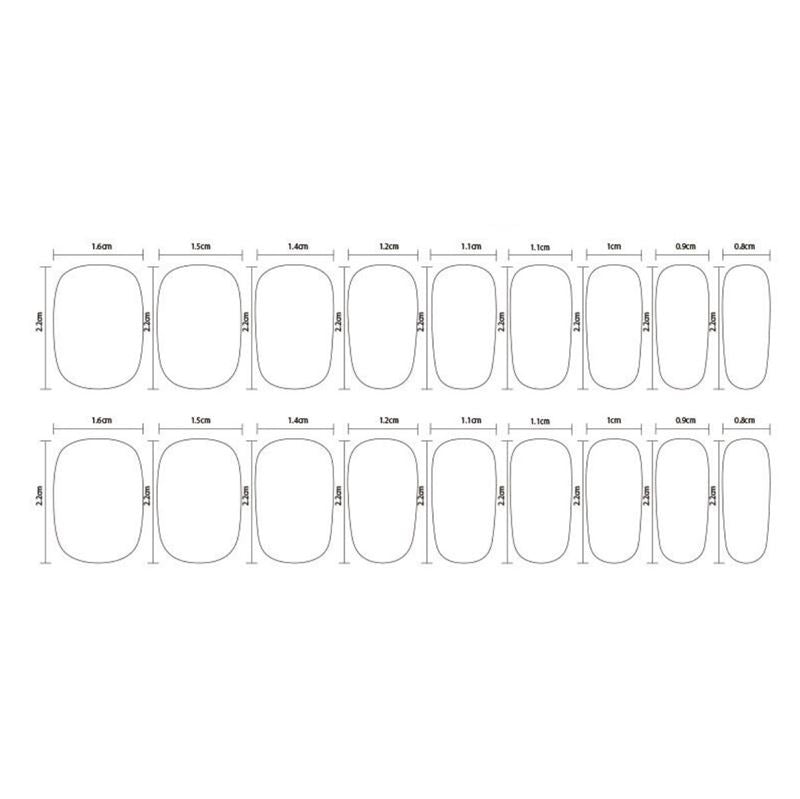 Diagramm mit 20 umrissenen Nagelformen, die mit Breite und Höhe in Zentimetern beschriftet sind – ideal für die Größenbestimmung oder als Referenz bei der Auswahl von UNIQ Semi Cured Gel Nail Stickers / Selbstklebender Nagellack Classic French (JK-331).