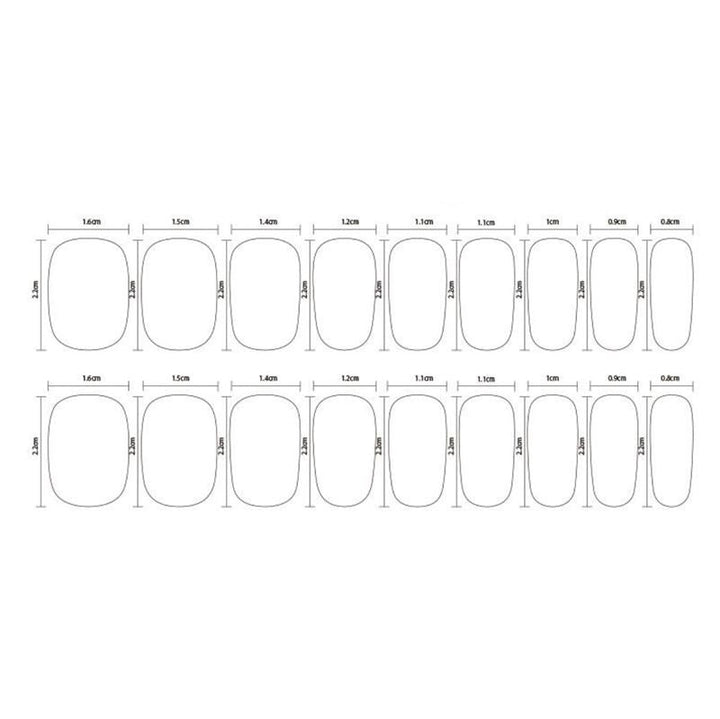 Diagramm mit 20 umrissenen Nagelformen, die mit Breite und Höhe in Zentimetern beschriftet sind – ideal für die Größenbestimmung oder als Referenz bei der Auswahl von UNIQ Semi Cured Gel Nail Stickers / Selbstklebender Nagellack Classic French (JK-331).