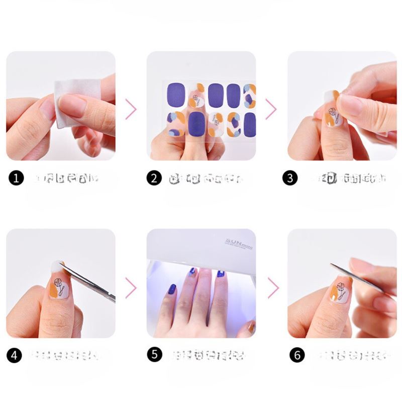 Sechs-Schritte-Anleitung zum Auftragen von UNIQ Semi Cured Gel Nail Stickers / Selbstklebender Nagellack – Classic French (JK-331): Von der Vorbereitung und Platzierung bis zur UV-Härtung erzielen Sie zu Hause perfekte Nägel in Salonqualität.