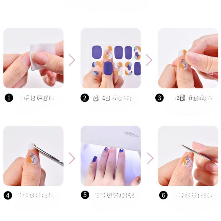 Sechs-Schritte-Anleitung zum Auftragen von UNIQ Semi Cured Gel Nail Stickers / Selbstklebender Nagellack – Classic French (JK-331): Von der Vorbereitung und Platzierung bis zur UV-Härtung erzielen Sie zu Hause perfekte Nägel in Salonqualität.