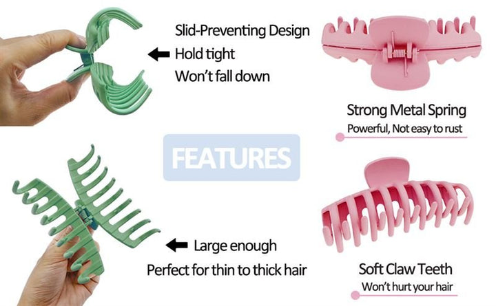 Image of two SOHO Kana Hair Claw - Peach Beige clips features anti-slip design, strong metal spring grip, large size for all hair types, and soft claw teeth for a gentle hold—each feature shown in use.