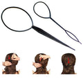 Das Fashiongirl Topsy Tail Hair Styling Tool 2-teilige Set wird oben auf drei Bildern gezeigt, die Schritt für Schritt anhand roter Pfeile veranschaulichen, wie man mit dem Tool eine gedrehte Hochsteckfrisur mit langen braunen Haaren kreiert.