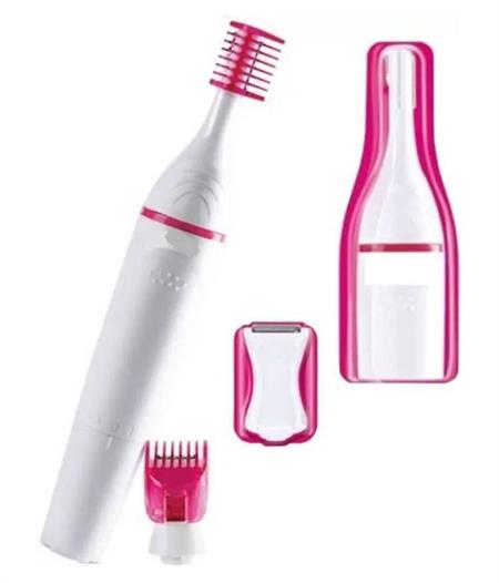 The UNIQ 5-in-1 Trimmer for Eyebrows, Nose, Bikini Line, and Face Epilator by UNIQ features three detachable heads and a pink-trimmed case for painless hair removal, shown on a white background.
