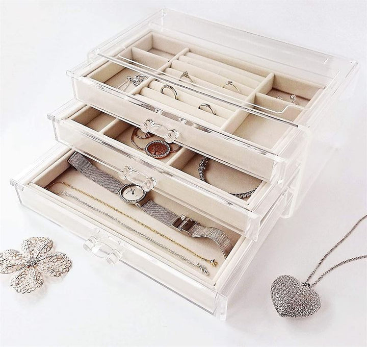 UNIQ Acryl-Schmuckkästchen mit 3 Schubladen – Aufbewahrungsbox für Ohrringe, Halsketten, Armbänder, Uhren usw. – Schmuckkästchen