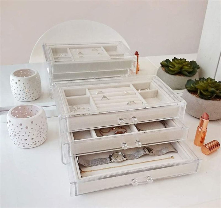 UNIQ Acryl-Schmuckkästchen mit 3 Schubladen – Aufbewahrungsbox für Ohrringe, Halsketten, Armbänder, Uhren usw. – Schmuckkästchen