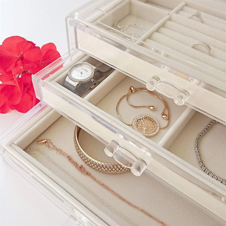 UNIQ Acryl-Schmuckkästchen mit 3 Schubladen – Aufbewahrungsbox für Ohrringe, Halsketten, Armbänder, Uhren usw. – Schmuckkästchen