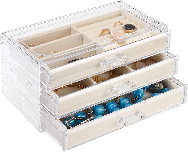 UNIQ Acryl-Schmuckkästchen mit 3 Schubladen – Aufbewahrungsorganizer für Ohrringe, Halsketten, Armbänder, Uhren usw. – Schmuckkästchen