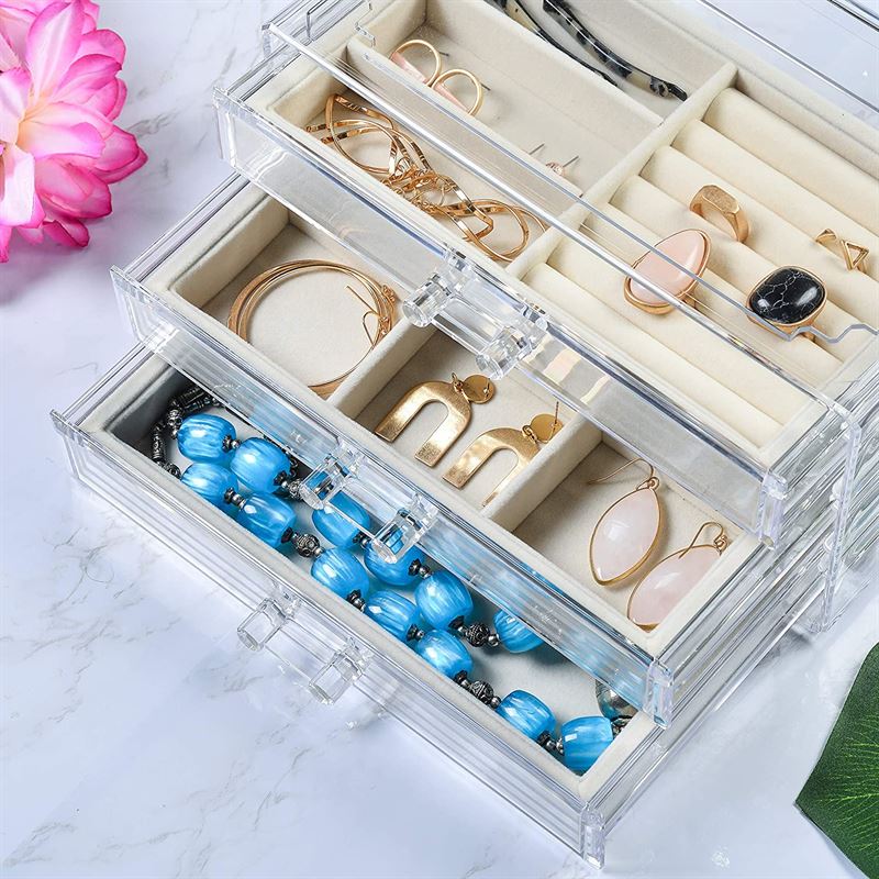 UNIQ Acryl-Schmuckkästchen mit 3 Schubladen – Aufbewahrungsbox für Ohrringe, Halsketten, Armbänder, Uhren usw. – Schmuckkästchen