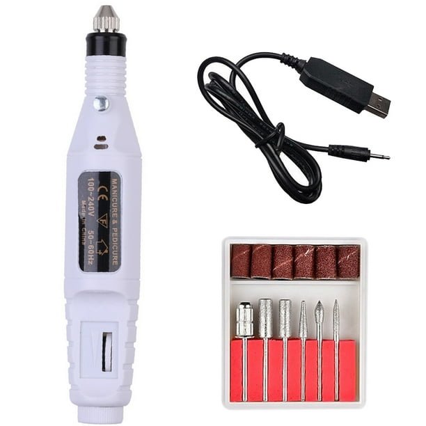 Die UNIQ Basic 6-in-1-Elektronagelfeile von UNIQ umfasst einen weißen Handbohrer, ein USB-Kabel, sechs austauschbare Bits und Schleifbänder in einem weiß-roten Halter – ideal für die professionelle Nagelpflege zu Hause.