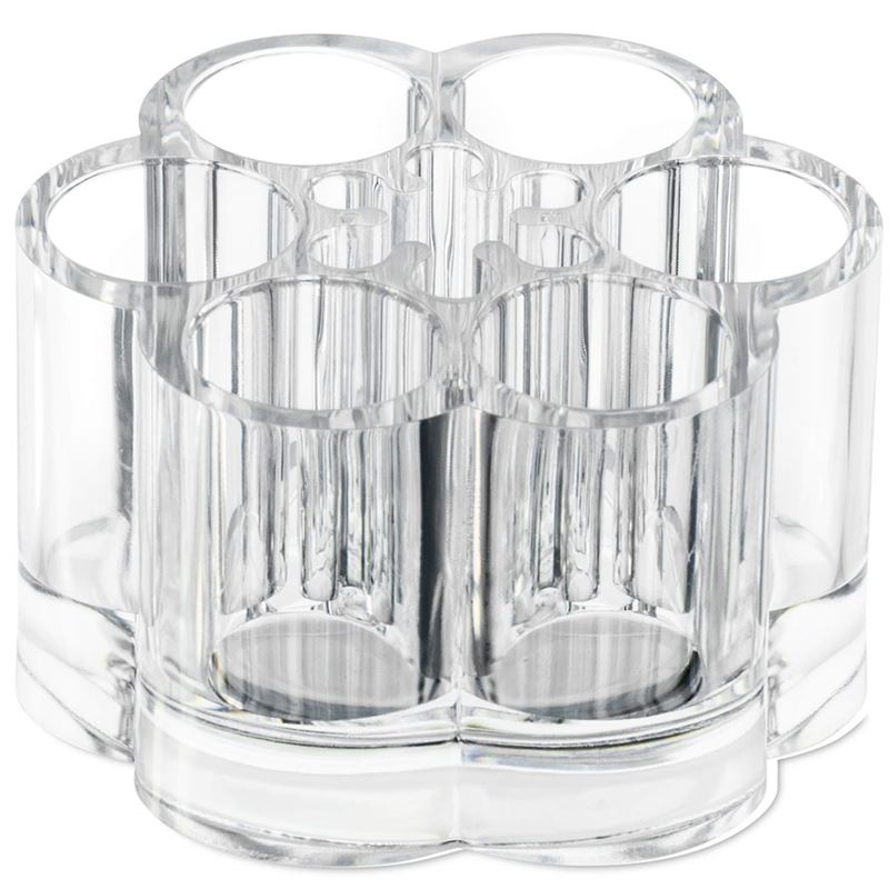 Der UNIQ Flower Makeup Acrylic Organiser – U301 von UNIQ verfügt über mehrere zylindrische Fächer, die sich ideal für die Aufbewahrung von Stiften, Pinseln oder anderen kleinen Gegenständen eignen, und hat ein stilvolles, blumenförmiges Design aus transparentem Acryl.