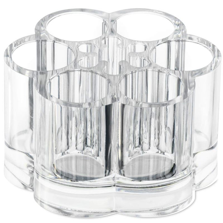 Der UNIQ Flower Makeup Acrylic Organiser – U301 von UNIQ verfügt über mehrere zylindrische Fächer, die sich ideal für die Aufbewahrung von Stiften, Pinseln oder anderen kleinen Gegenständen eignen, und hat ein stilvolles, blumenförmiges Design aus transparentem Acryl.