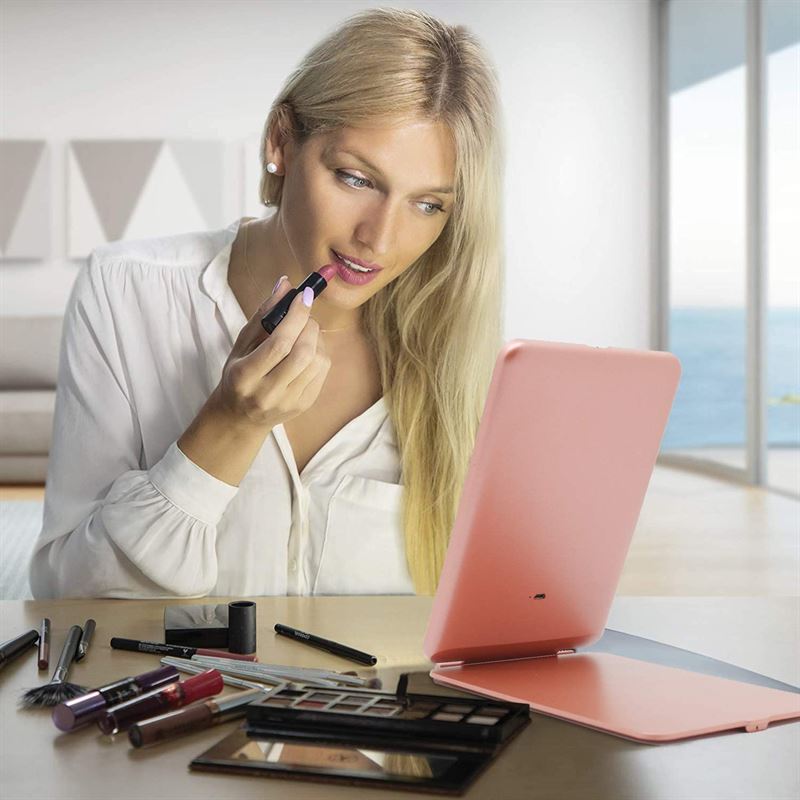 UNIQ Faltbarer, wiederaufladbarer LED-Spiegel – Kosmetikspiegel für unterwegs – Rosa – Spiegel