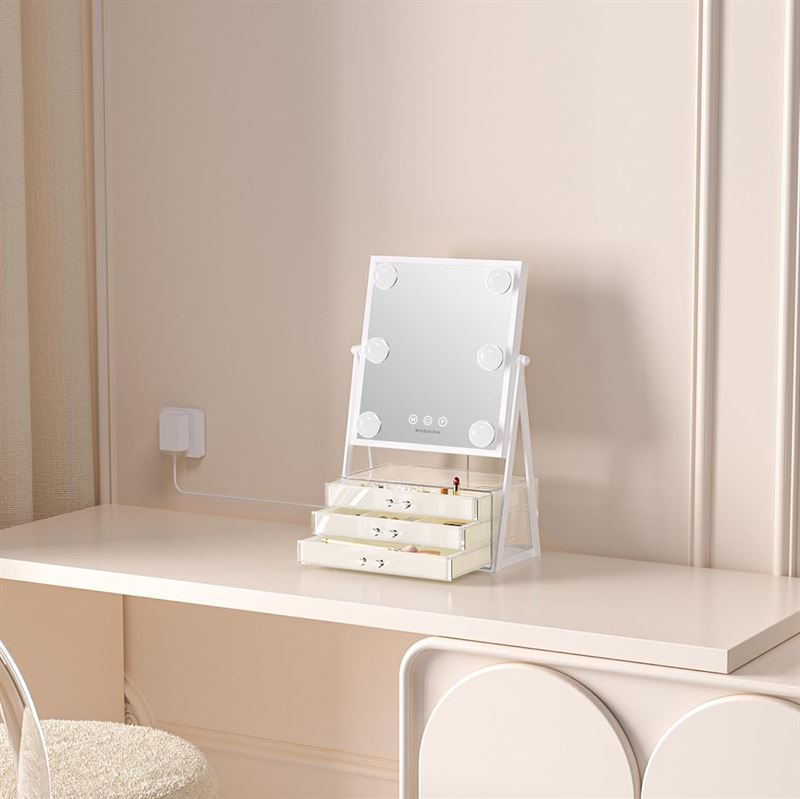 UNIQ Glasgow Vanity Makeup Mirror with 6 LED Bulbs and 3 Jewellery Storage Drawers - | Fashiongirl