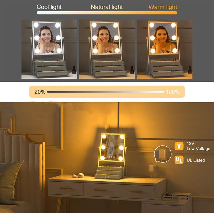 UNIQ Glasgow Vanity Makeup Mirror with 6 LED Bulbs and 3 Jewellery Storage Drawers - | Fashiongirl