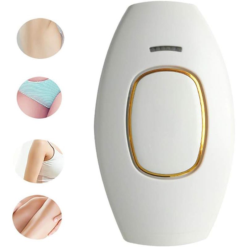 The UNIQ IPL Hair Removal Device, shown in white and gold with side images of underarm, bikini line, arm, and leg, offers smooth, pain-free permanent hair reduction at home with 600,000 flashes.
