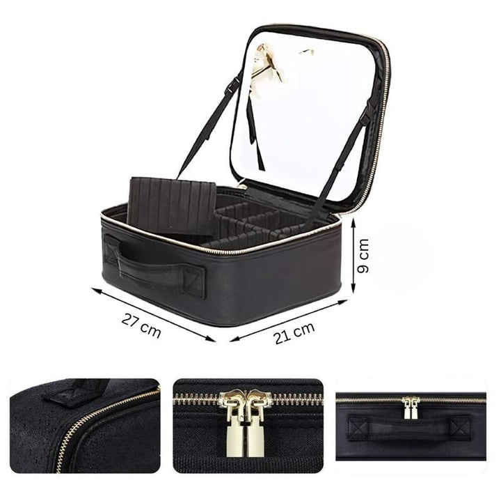 The UNIQ LED Makeup Travel Case with Mirror by UNIQ is a spacious black rectangular cosmetic organizer (27x21x9 cm) featuring compartments, quality zipper, sturdy handle, and detailed stitching—perfect for travel.