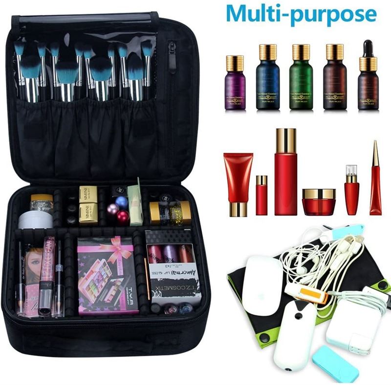 Die UNIQ Make-up-Reisetasche von UNIQ ist eine schwarze Kosmetiktasche mit verstellbaren Fächern – perfekt zum Ordnen von Pinseln, Hautpflegeflaschen, Make-up und elektronischem Zubehör – alles in einem multifunktionalen Design.