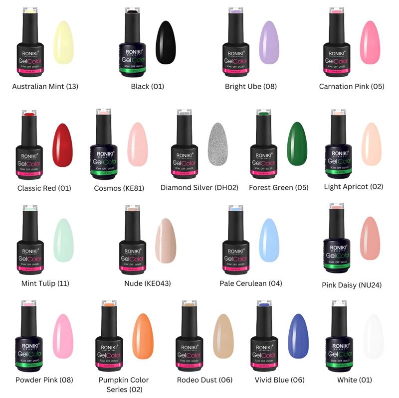 Eine Tabelle mit 20 UNIQ Premium Gel Polish-Flaschen, jeweils mit einem Farbmuster und der Bezeichnung der Farbe/Nummer – ideal für die Gestaltung lebendiger oder neutraler Gelnägel zu Hause, die unter jeder UV-/LED-Lampe perfekt aushärten.
