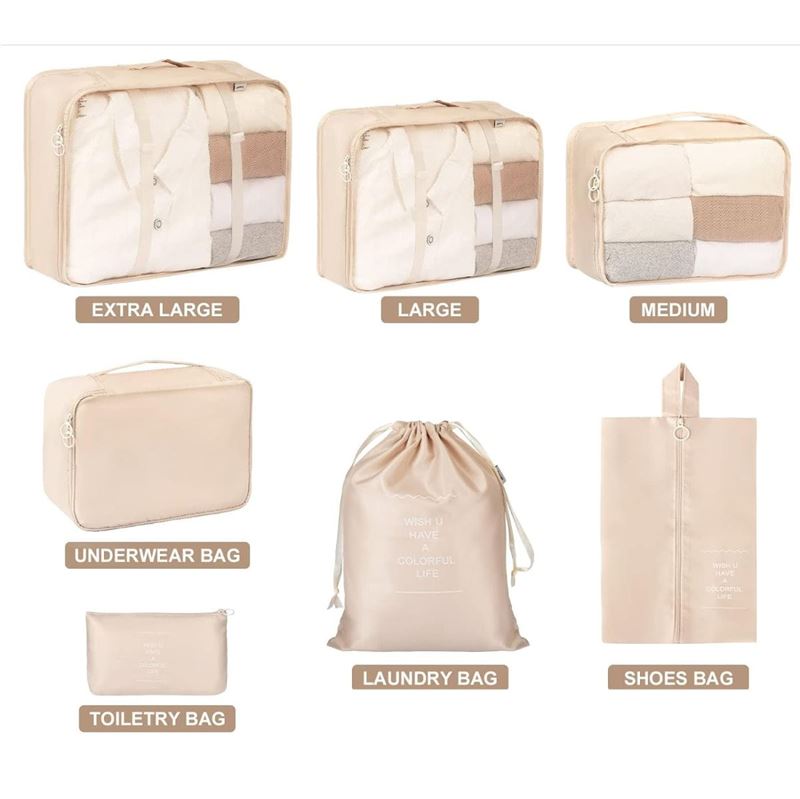 UNIQ Kofferverpackungs-Set – Perfekte Organisation und Schutz für Ihr Gepäck – Beige – 7 Teile – | Fashiongirl