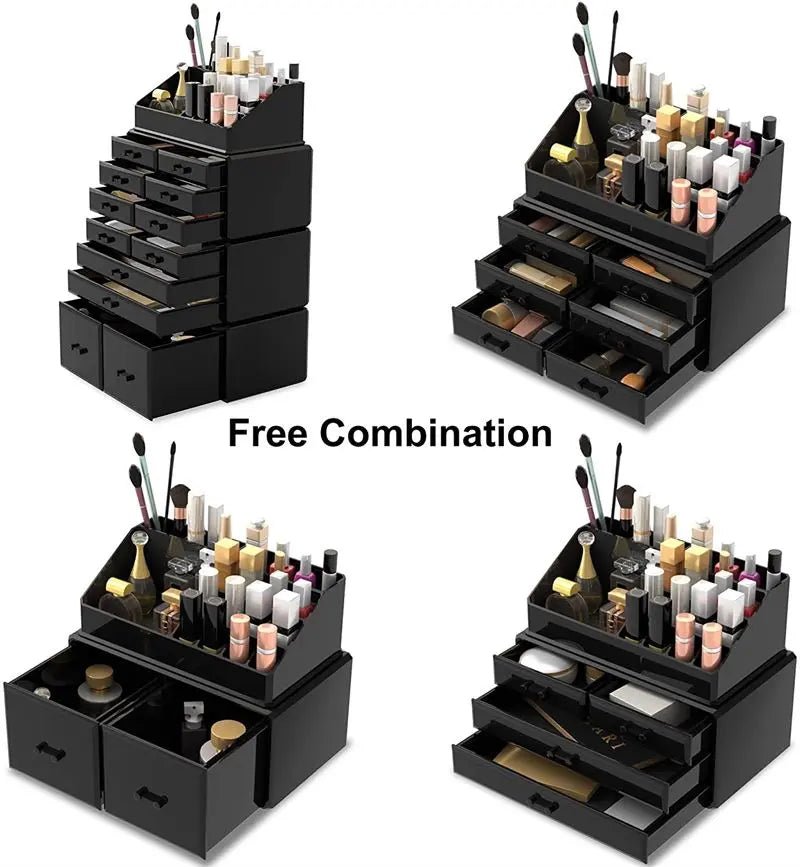 Der UNIQ XXL Organizer mit 12 Schubladen und 16 Fächern in Schwarz präsentiert Kosmetika und Pinsel und verfügt über eine „freie Kombinationsmöglichkeit” in der Mitte – ein perfekter Acryl-Make-up-Organizer für alle Liebhaber von Beauty-Organizern.
