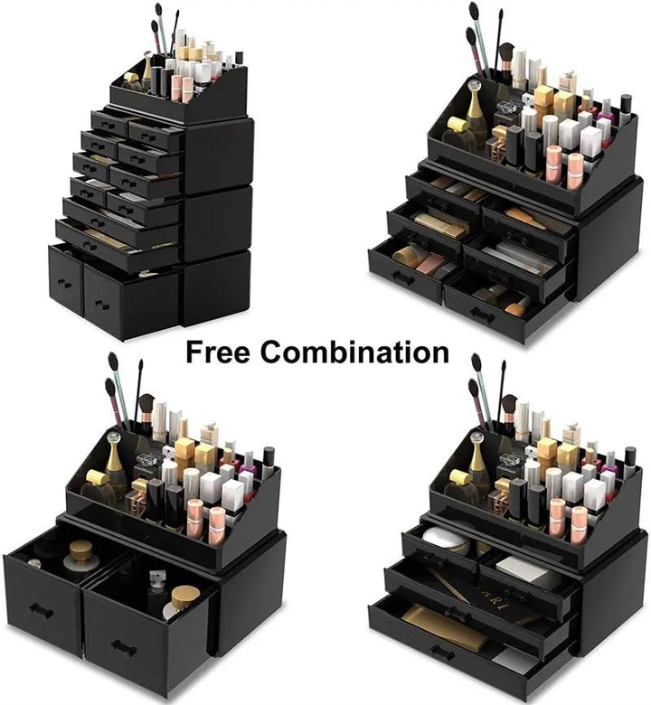 Der UNIQ XXL Organizer mit 12 Schubladen und 16 Fächern in Schwarz präsentiert Kosmetika und Pinsel und verfügt über eine „freie Kombinationsmöglichkeit” in der Mitte – ein perfekter Acryl-Make-up-Organizer für alle Liebhaber von Beauty-Organizern.