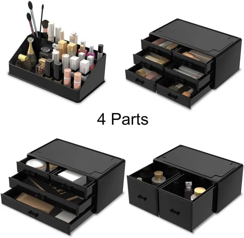 Der UNIQ XXL Organizer mit 12 Schubladen und 16 Fächern in Schwarz wird gezeigt, mit separaten und kombinierten Fächern für Pinsel, Lippenstifte, Kosmetika und Accessoires.